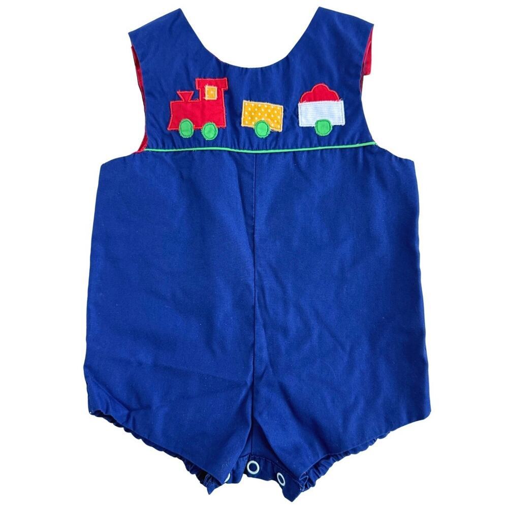 Vintage Baby Train Appliqué Romper Jon Jon Bubble Blue Outfit 3-6 Months